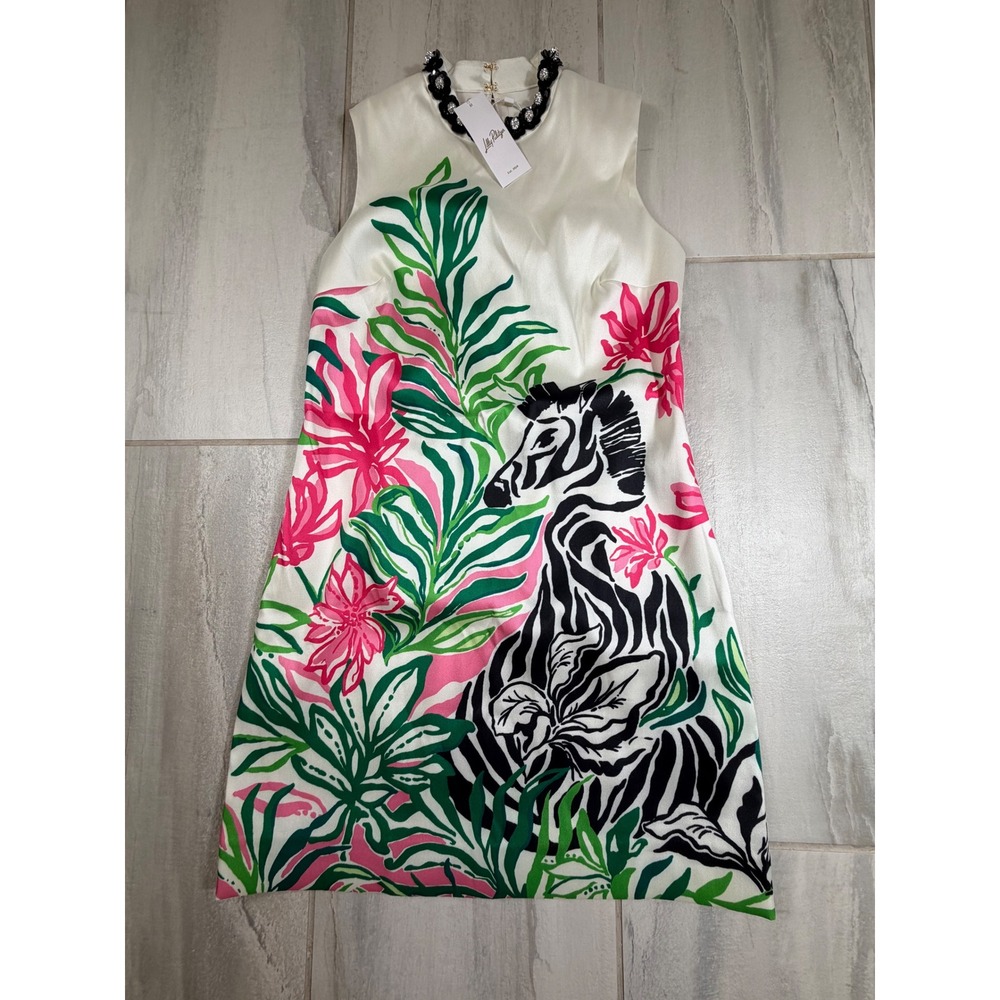 Lilly Pulitzer Kathani Stretch Dress Zebra Floral Embellished Neck 4 NEW